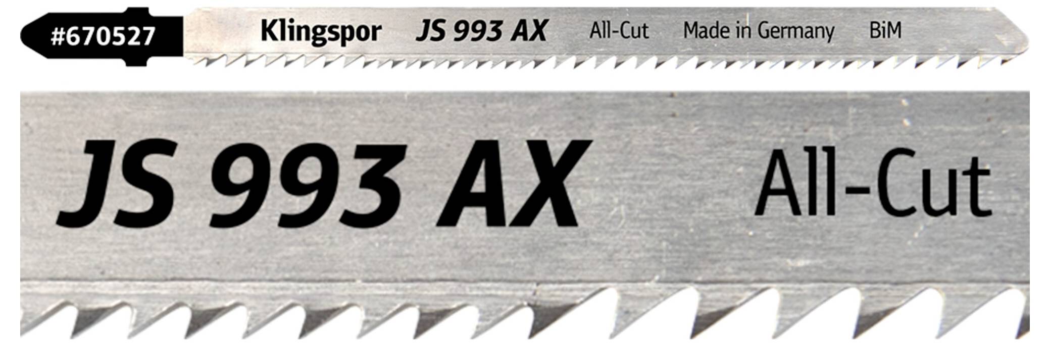 «Lame de scie portant l'étiquette "Klingspor JS 993 AX All-Cut, Fabriqué en Allemagne".»