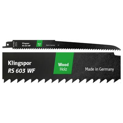 Une image en gros plan d'une lame de scie Klingspor RS 603 WF, étiquetée 'Wood Holz', 'Made in Germany', indiquant son utilisation pour couper du bois.