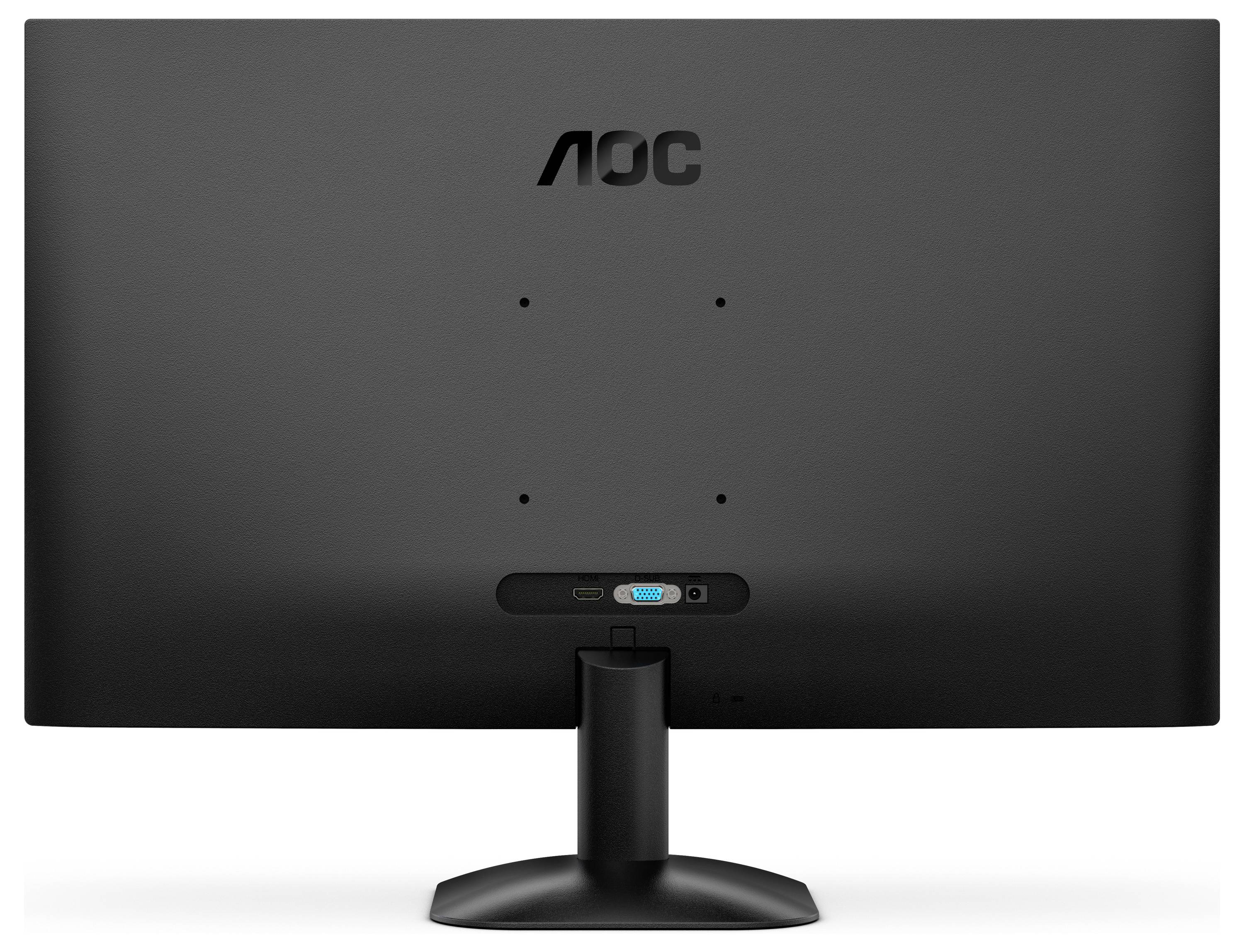 Vue arrière d'un écran d'ordinateur AOC noir, montrant le logo de la marque et les ports pour les connexions HDMI et VGA.