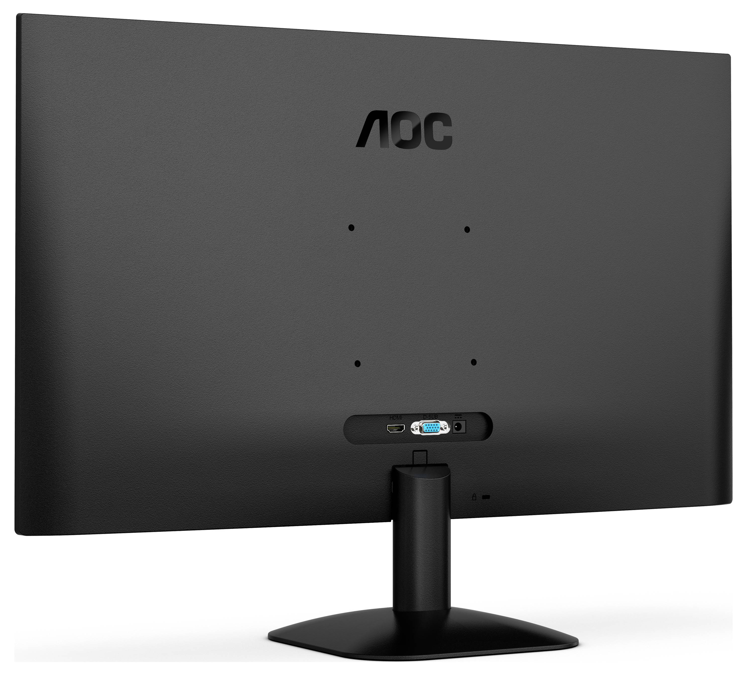 Vue arrière d'un écran d'ordinateur noir montrant les ports de connexion, comprenant VGA et HDMI, sur son support.