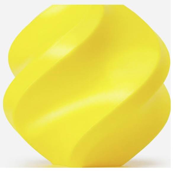 Une sculpture abstraite jaune vif, aux courbes lisses et ondulantes, sur un fond gris clair.