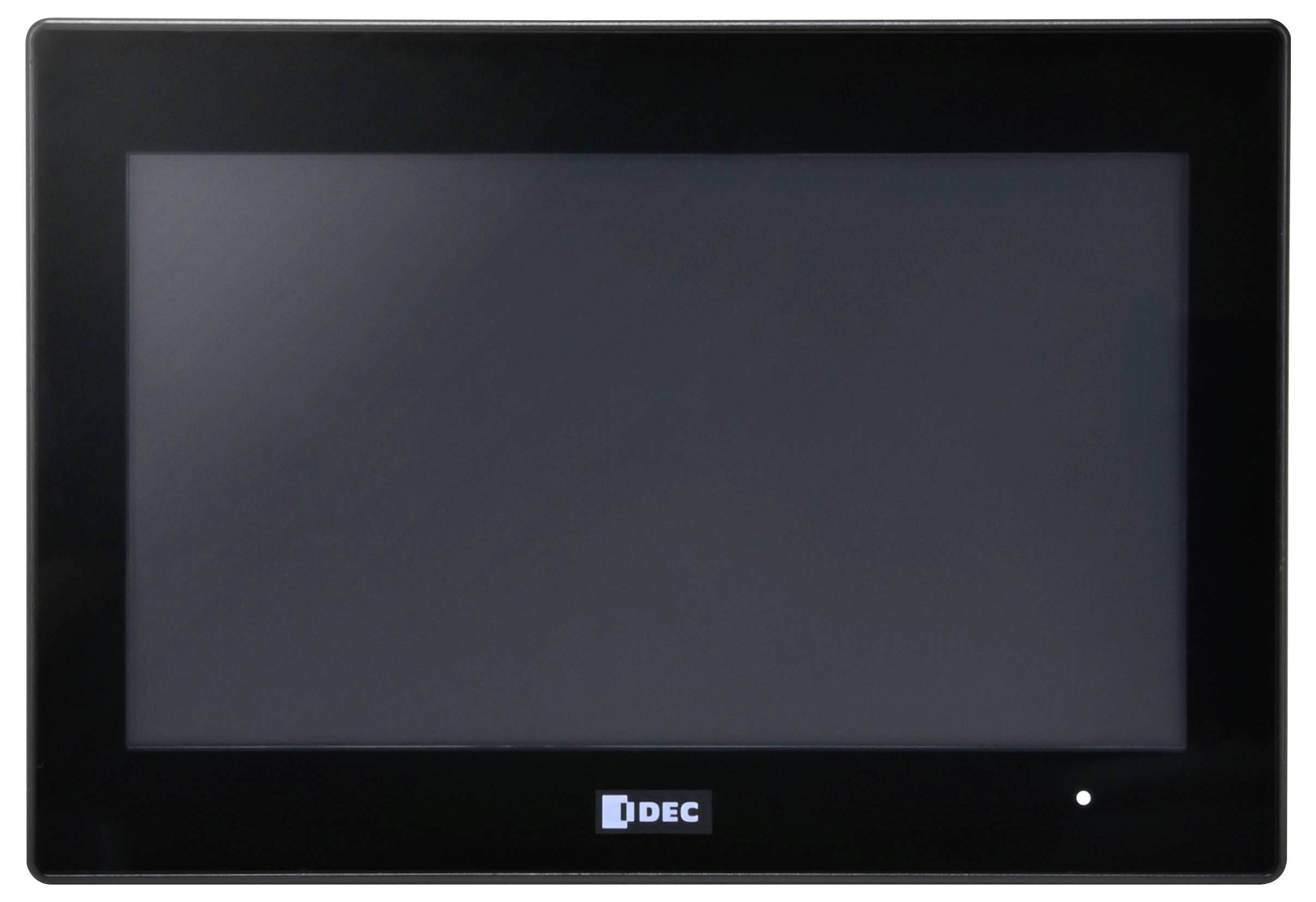 Un écran tactile Idec noir avec un affichage vide, un design minimaliste, et un petit voyant LED situé en bas à droite.