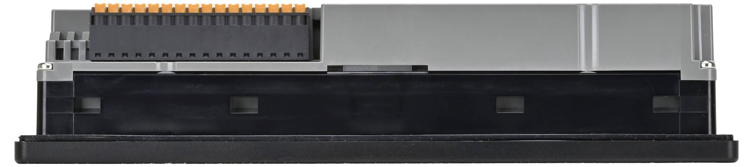 Une image en gros plan d'un composant électrique avec un connecteur orange en haut, sur un fond uni gris et noir.