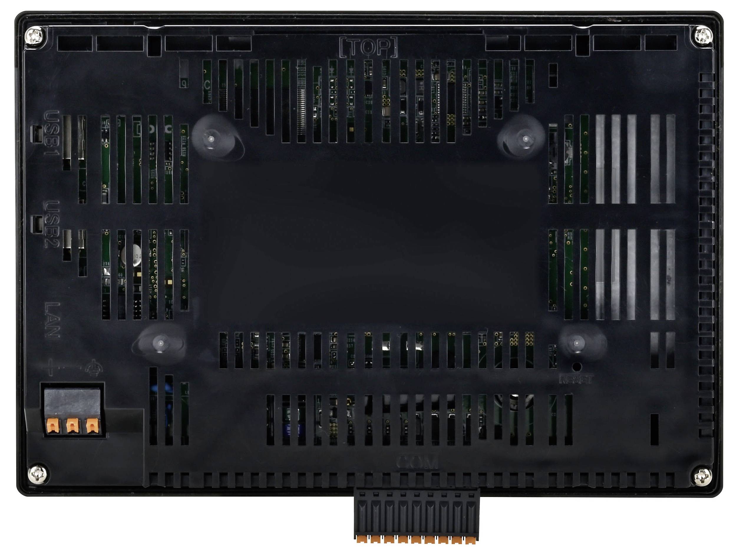 Vue arrière d'un dispositif électronique noir montrant des fentes de ventilation, un port LAN et des connecteurs de terminal.