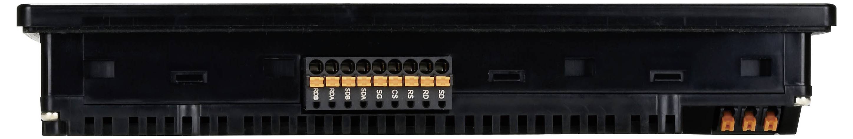Un dispositif électronique noir avec des connecteurs orange au centre et en bas à droite, probablement un bloc d'alimentation ou un composant de module.