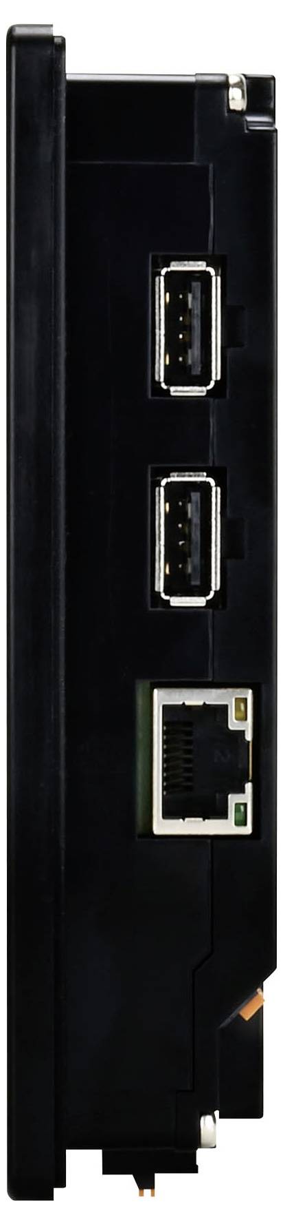 Vue de côté d'un appareil électronique noir montrant deux ports USB et un port Ethernet, illustrant les options de connectivité.