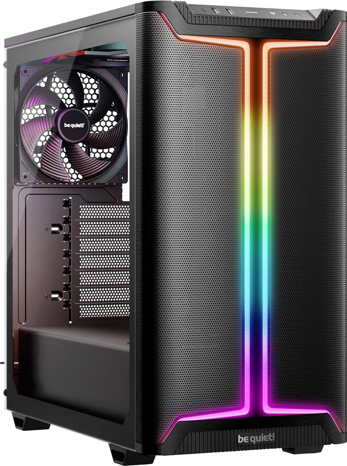 Un boîtier d'ordinateur noir avec un éclairage RVB sur le panneau avant. Les composants internes sont visibles à travers un panneau latéral avec un ventilateur de boîtier installé.