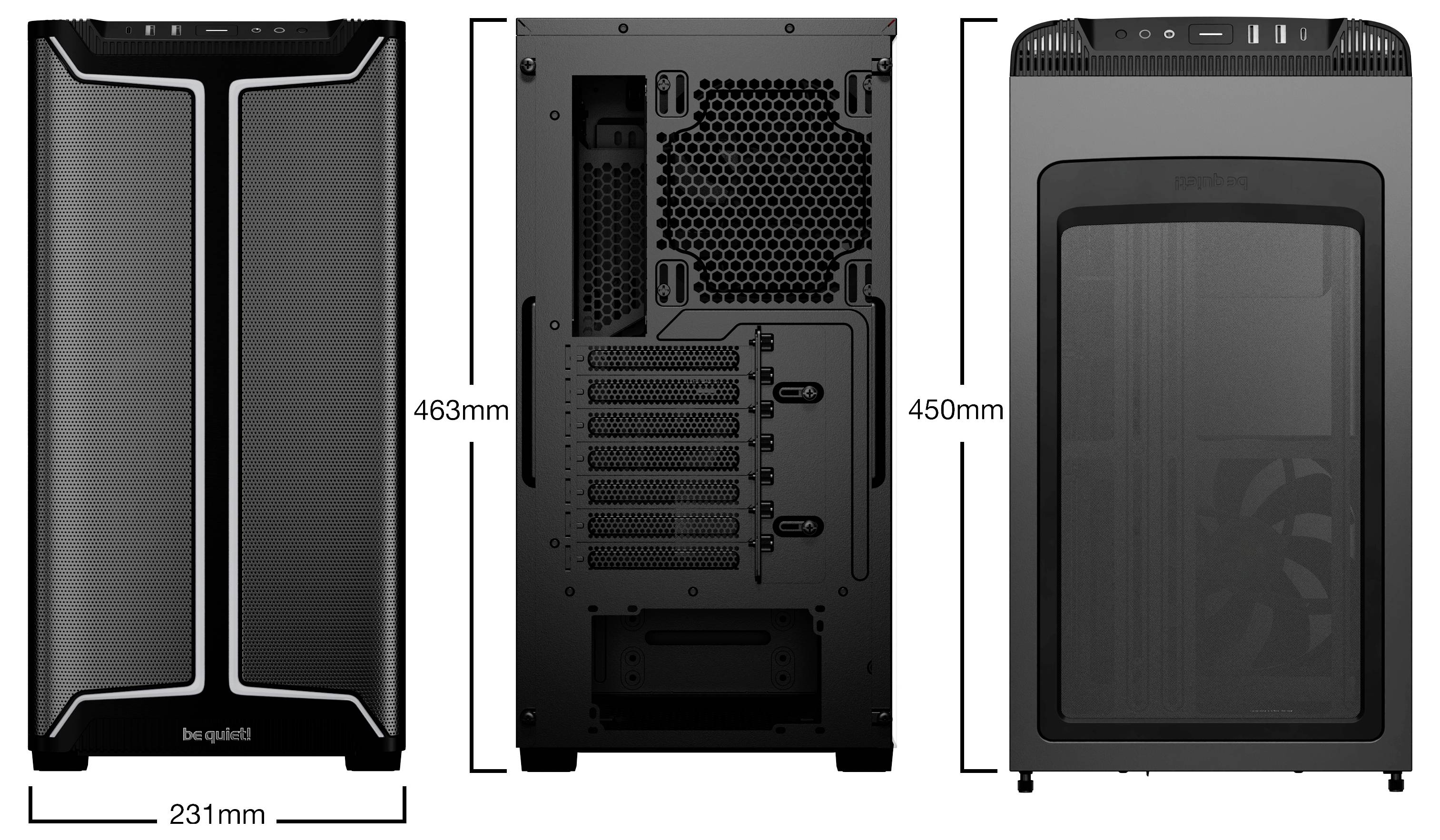 Boîtier PC 'Be Quiet!' présenté de face, de dos et de côté. Dimensions : 231 mm de largeur, 463 mm de hauteur, 450 mm de profondeur. Présence de panneaux en maille.