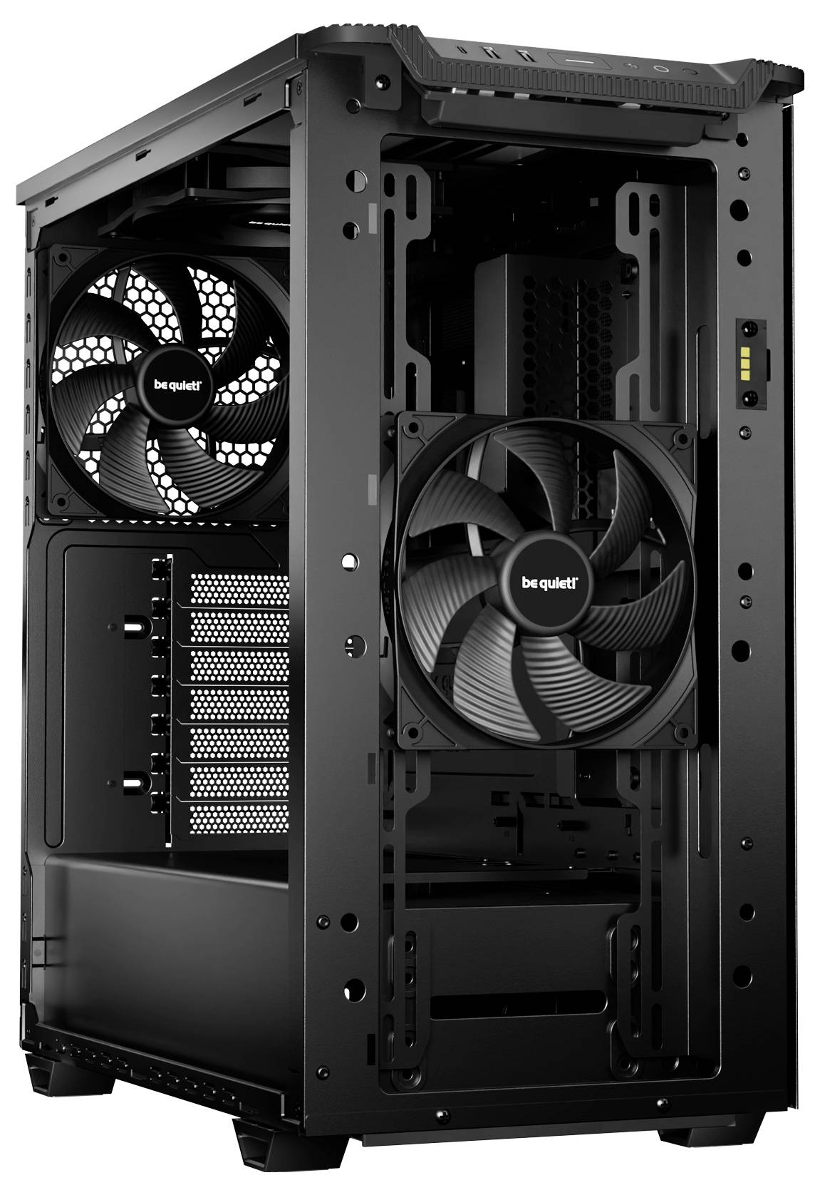 Un boîtier d'ordinateur noir ouvert avec un design de tour, où les ventilateurs sont visibles, adapté aux configurations de PC gaming. Les ventilateurs portent le logo « be quiet! ».