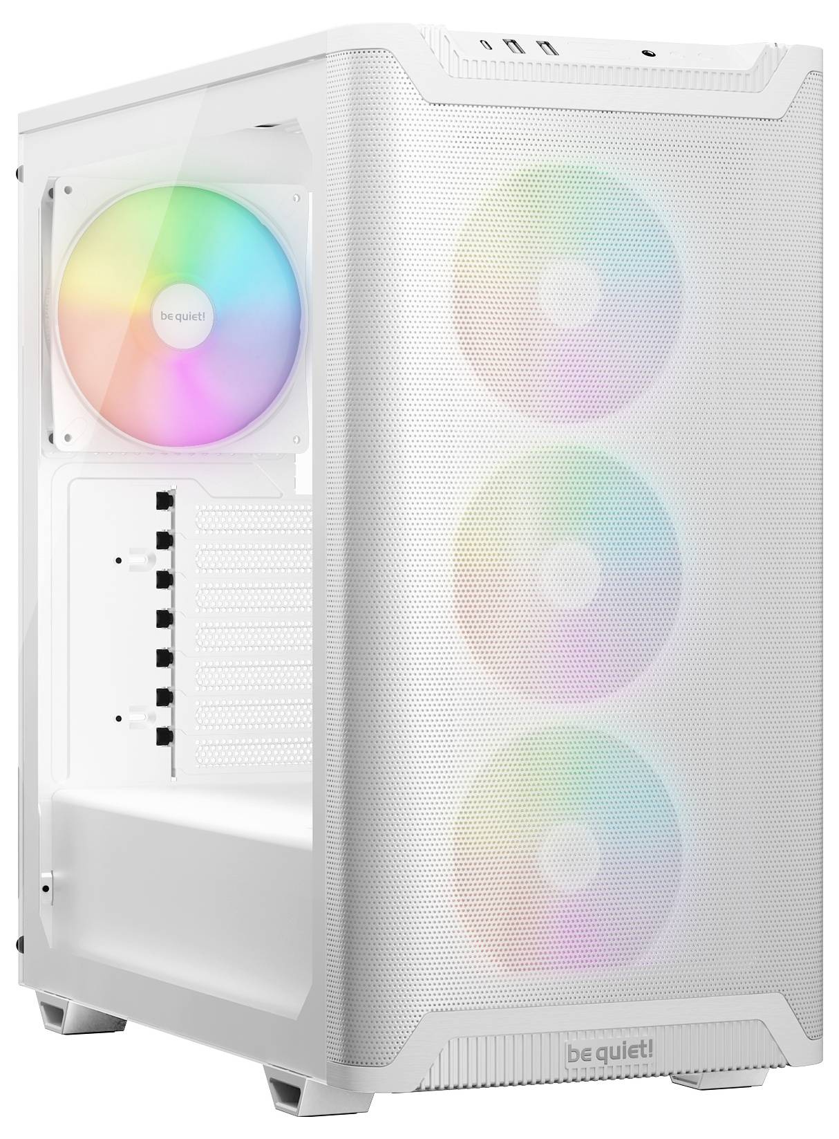 Une tour d'ordinateur de bureau blanche avec trois ventilateurs RGB à l'avant et un ventilateur RGB à l'arrière, présentée dans un design en maille pour un flux d'air optimal.