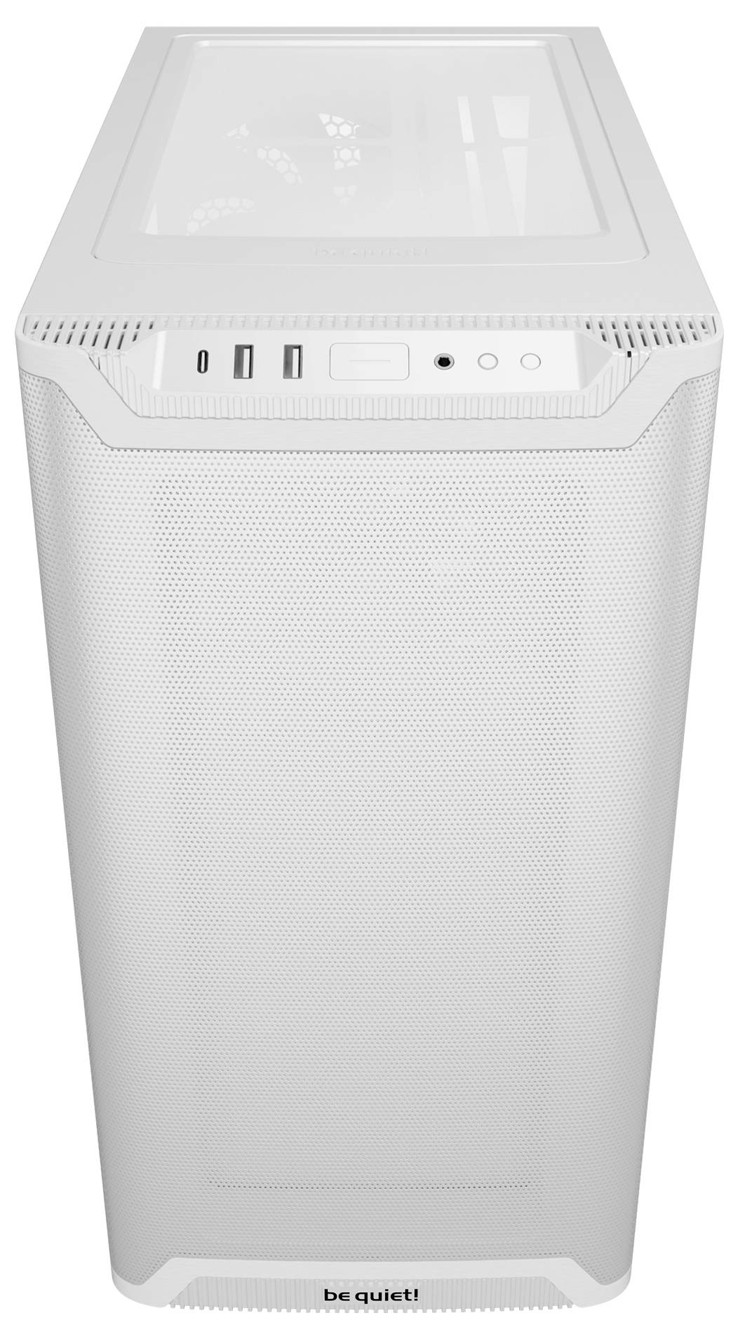 Un boîtier d'ordinateur blanc avec des ports sur le panneau avant et la marque « be quiet! » affichée en bas. Adapté pour loger des composants informatiques.