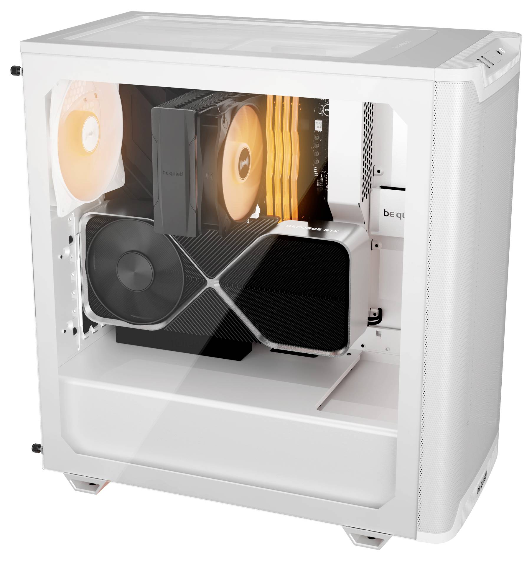 «Boîtier d'ordinateur blanc transparent mettant en valeur des ventilateurs éclairés par LED, une grande carte graphique noire et un refroidisseur de processeur noir à l'intérieur.»