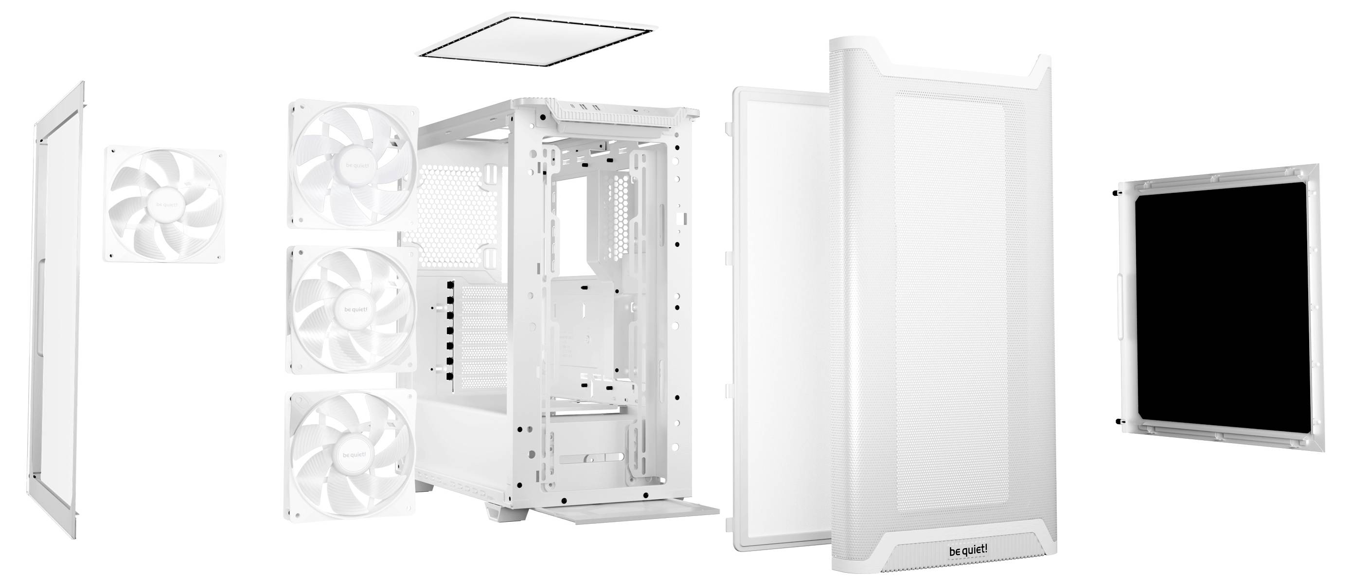 Un boîtier d'ordinateur blanc avec des panneaux transparents et plusieurs ventilateurs de refroidissement, le tout présenté en pièces détachées.