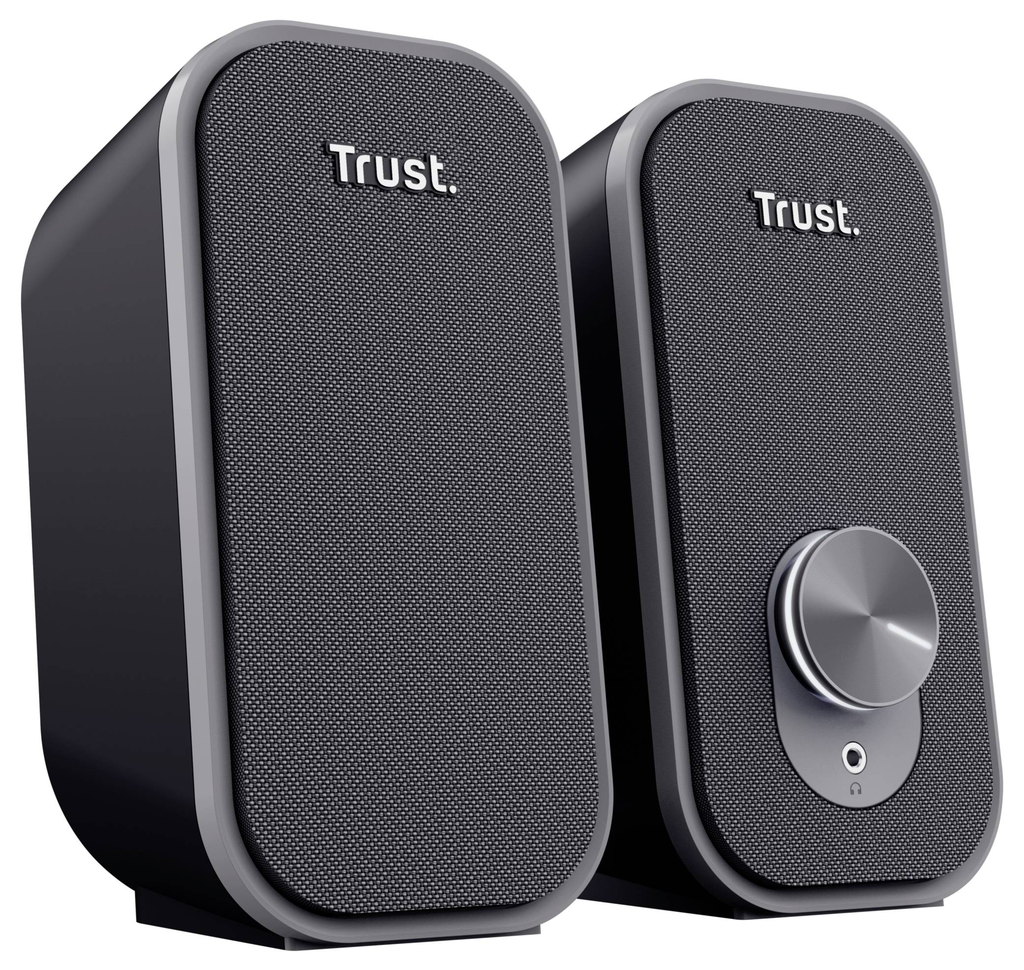 Deux enceintes noires de la marque Trust avec un bouton de volume argenté sur l'une d'entre elles.