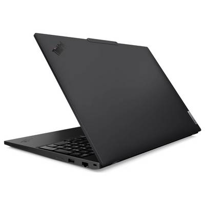 Un ordinateur portable noir, légèrement ouvert, montre partiellement un clavier. L'appareil semble élégant et moderne, avec un design minimaliste.