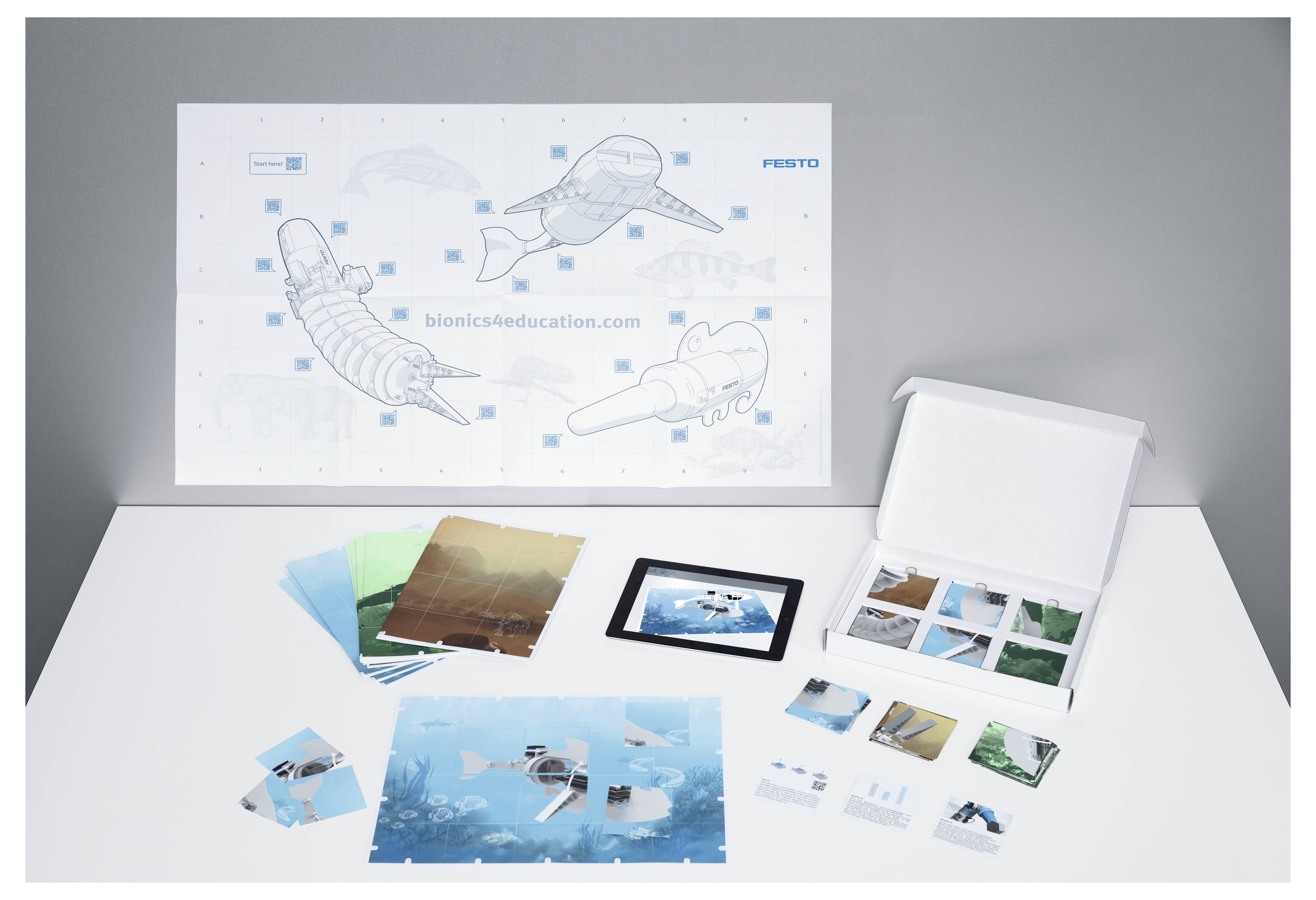 Ensemble scolaire comprenant un poster, des cartes et une tablette. Présente des concepts bioniques tels que le vol et la natation. Favorise l'éducation technique.