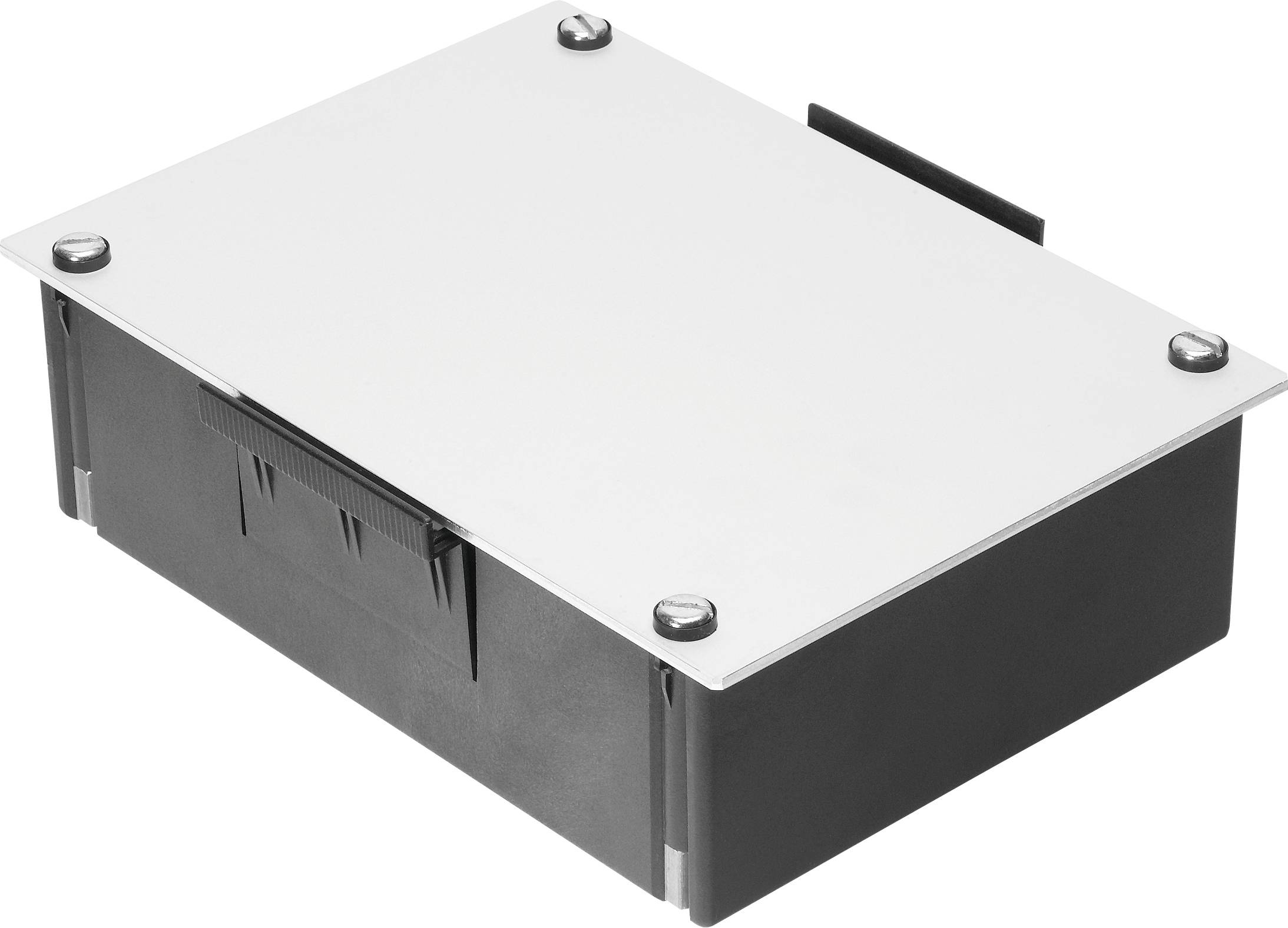 Un petit dispositif électronique rectangulaire avec un couvercle supérieur blanc, maintenu par quatre vis, et une base noire dotée d'un connecteur latéral.