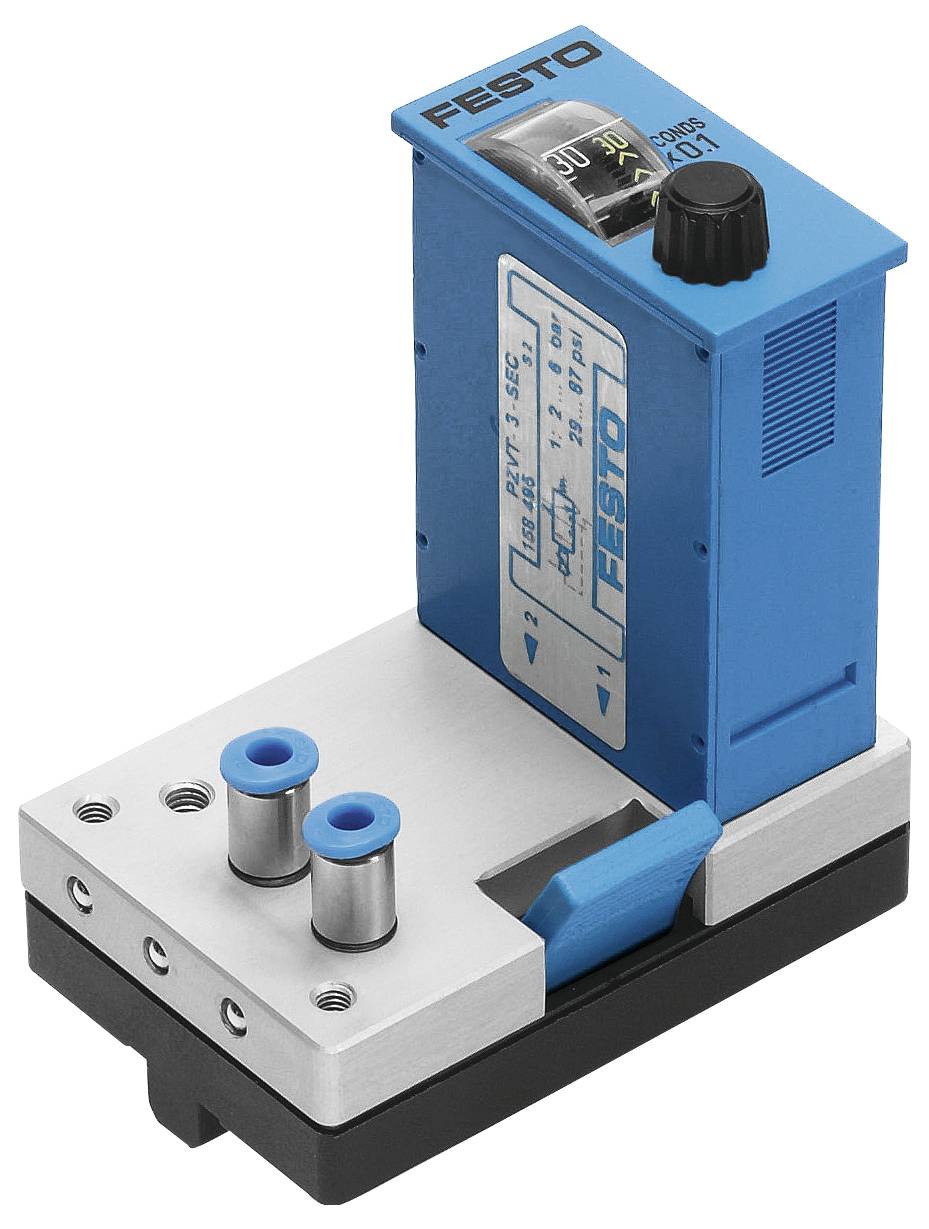 Un module capteur Festo bleu et argent avec un bouton de réglage, portant l'étiquette « FESTO », utilisé pour mesurer la pression, monté sur une base avec deux ports.