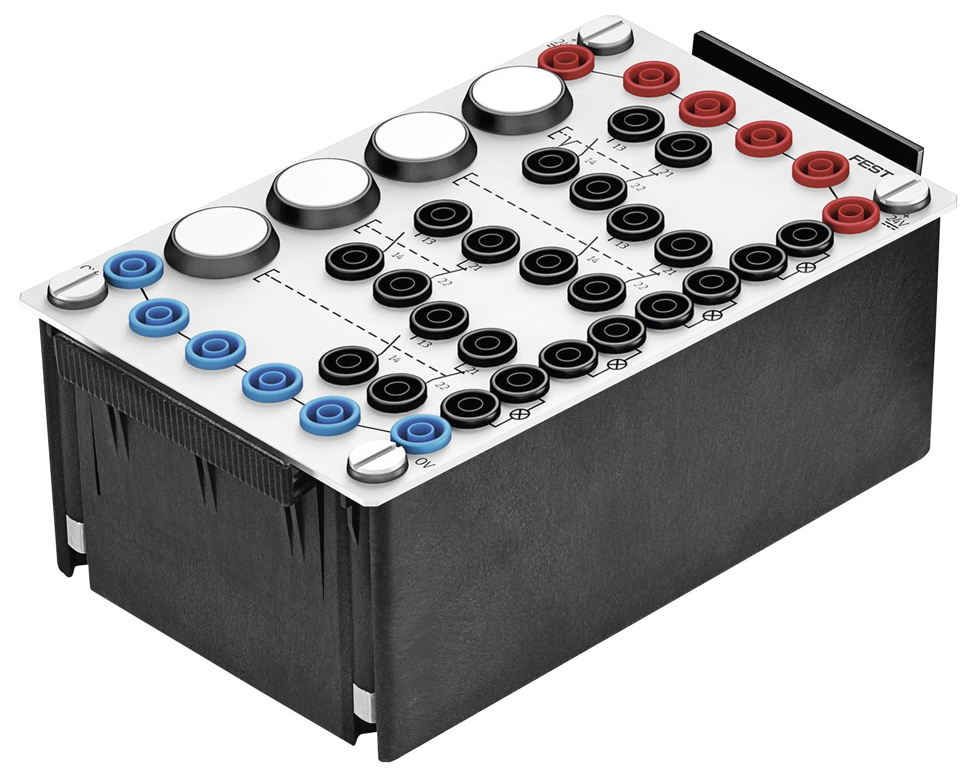 Un appareil de test électrique noir et blanc avec plusieurs rangées de prises rouges, noires et bleues, étiqueté pour les tests de courant et de tension.