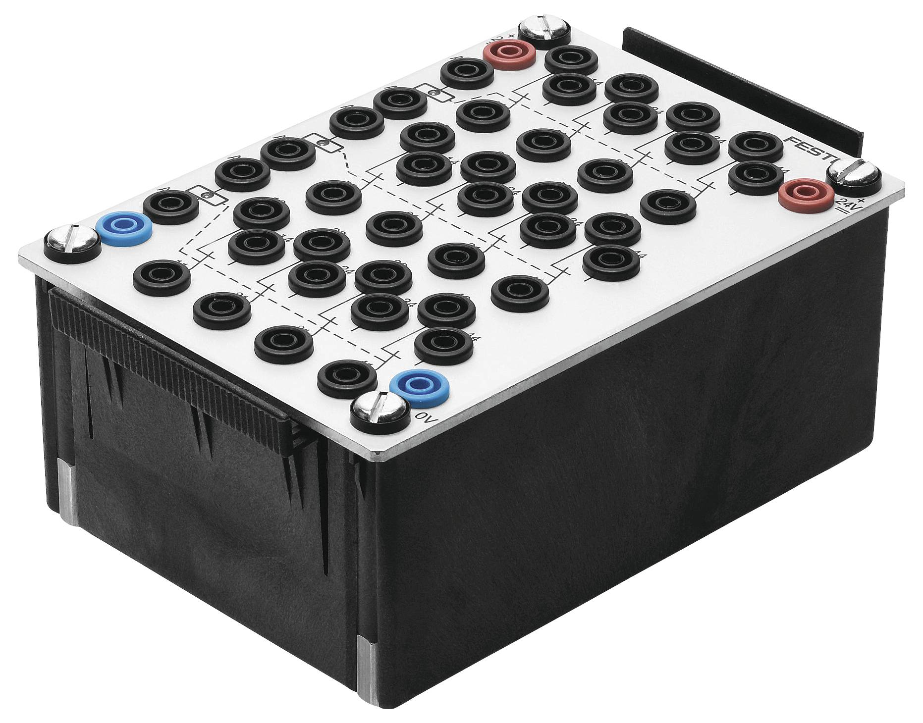 Un composant électrique noir doté de nombreux connecteurs et de bornes étiquetées, utilisé pour tester et déboguer des circuits imprimés.