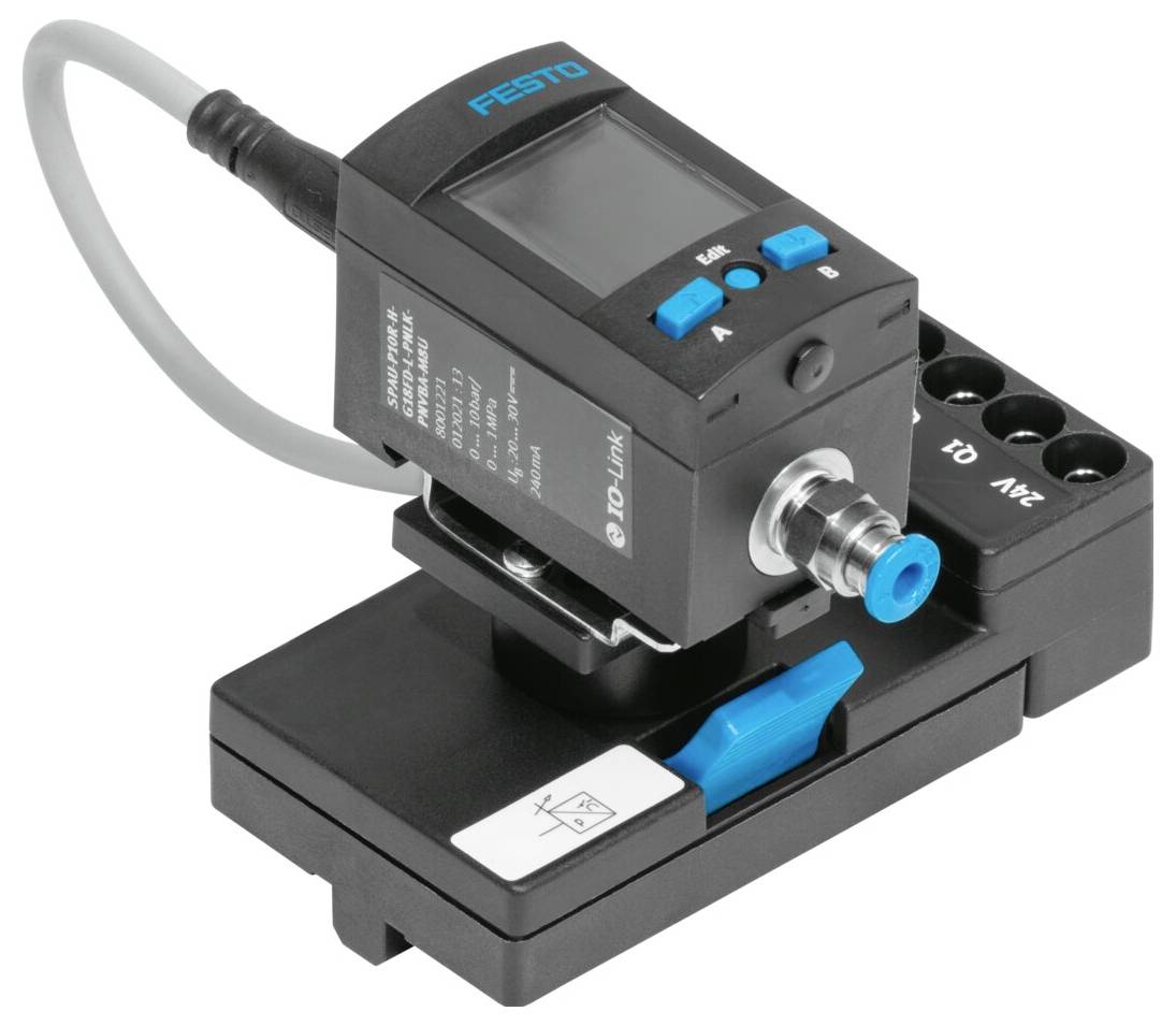 Un régulateur de pression électronique compact de Festo avec un écran d'affichage numérique et des boutons de commande, relié par un câble gris pour des applications pneumatiques.