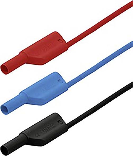 Trois fils de test électriques isolés en rouge, bleu et noir sont visibles avec des connecteurs de protection.