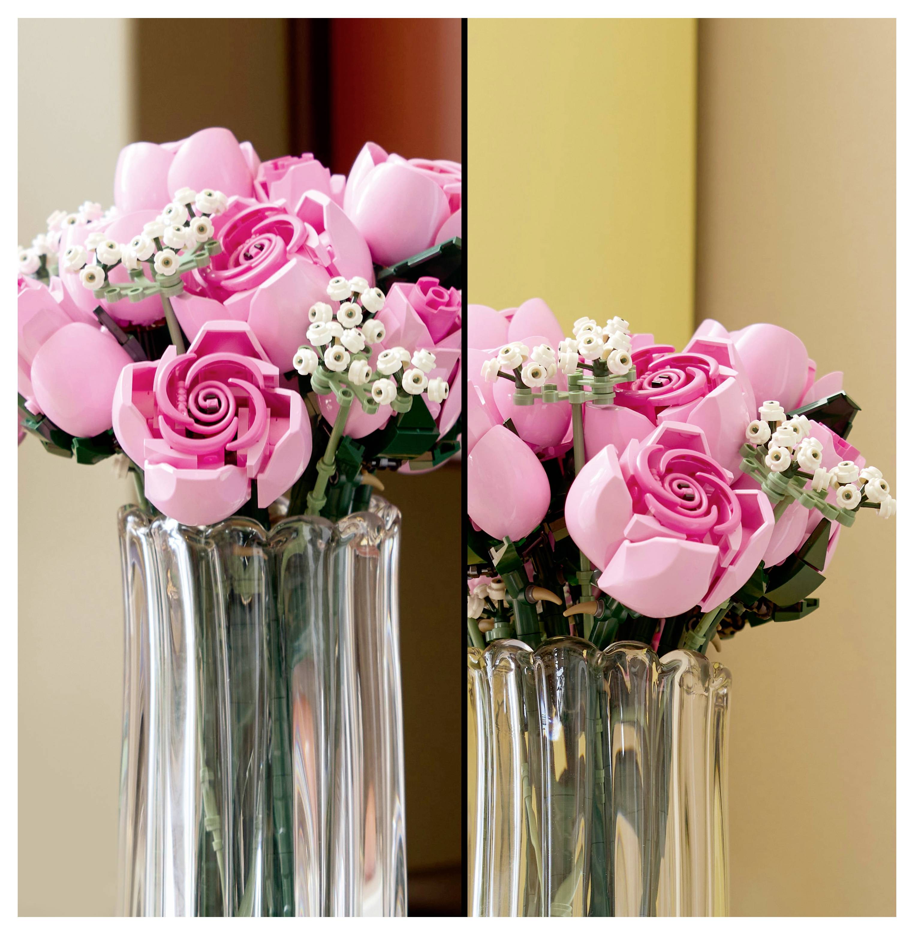 Un vase avec des fleurs artificielles roses et blanches sur le côté gauche et des roses roses vives avec du feuillage sur le côté droit, séparées par une ligne verticale.