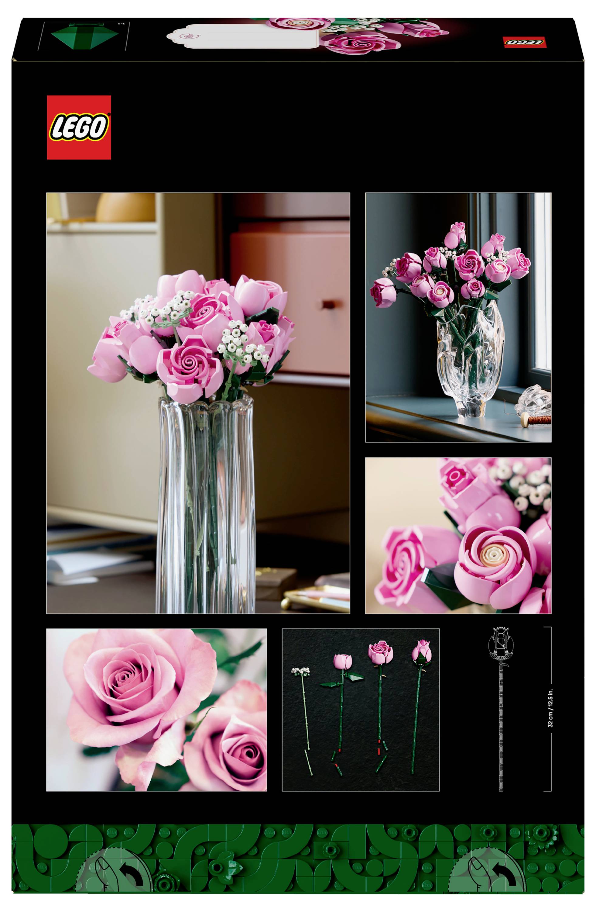 Boîte du set de bouquet de fleurs 'Lego' présentant trois images de roses Lego roses dans des vases et des gros plans. Instructions et pièces illustrées.