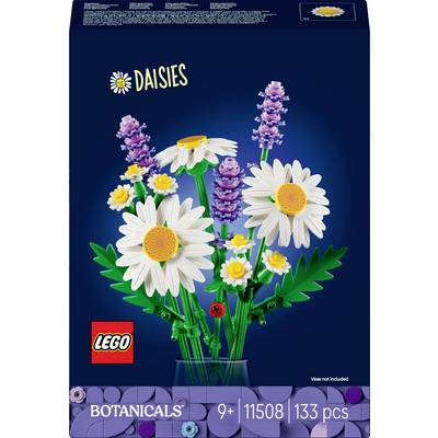 Boîte de set LEGO présentant un arrangement floral avec des marguerites et de la lavande. Étiqueté 'Marguerites', comprenant 133 pièces pour les 9 ans et plus.