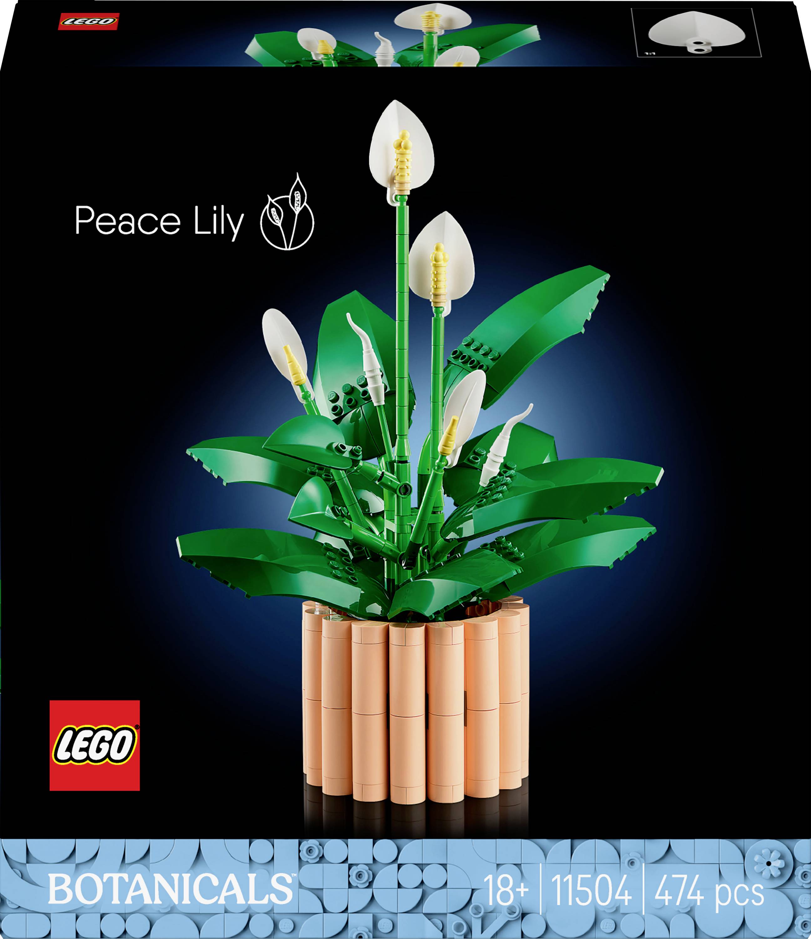 Ensemble « Lego Botanicals Lys de la Paix » avec un modèle de lys de la paix assemblé à partir de 474 pièces. L'emballage présente un fond sombre avec une illustration de lys de la paix.