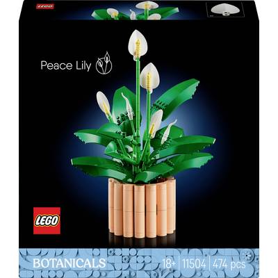 Ensemble « Lego Botanicals Lys de la Paix » avec un modèle de lys de la paix assemblé à partir de 474 pièces. L'emballage présente un fond sombre avec une illustration de lys de la paix.