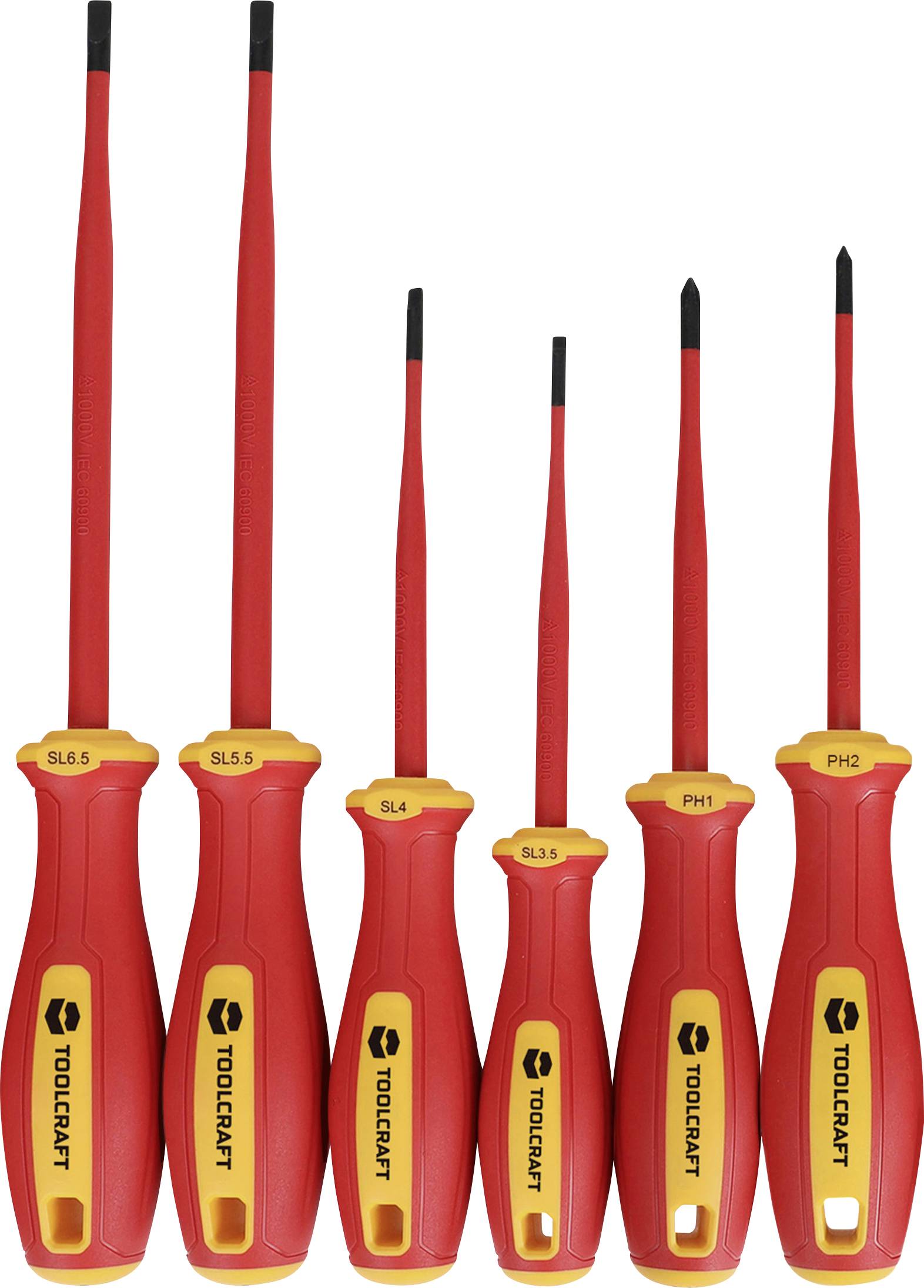 Six tournevis ToolCraft rouges de tailles variées avec des pointes noires, arrangés du plus grand au plus petit sur un fond blanc.