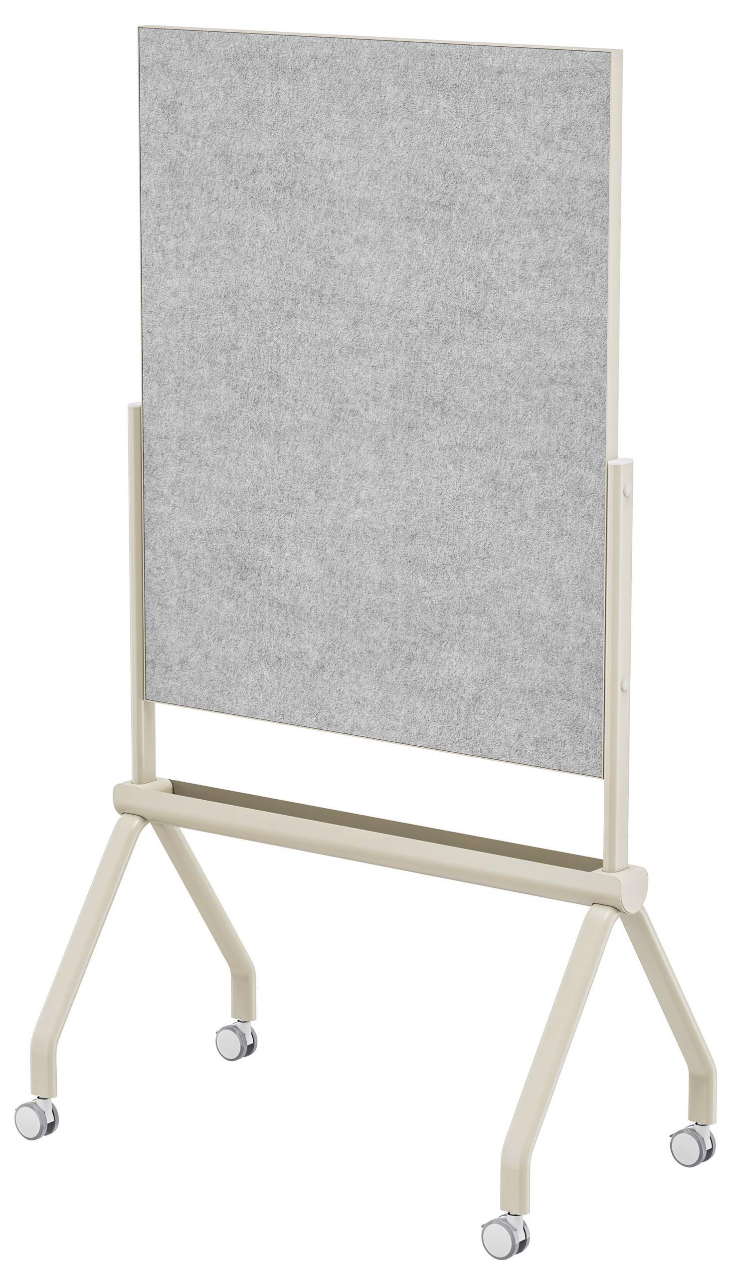 Un chevalet en bois avec un tableau gris sur le dessus, montant sur des roulettes, approprié pour les présentations ou les expositions.