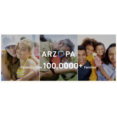Un collage de familles heureuses avec le texte 'ARZOPA' au centre, indiquant 'Choisi par plus de 100 000 familles', suggérant la popularité du produit.