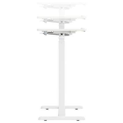Un bureau blanc réglable avec trois positions de hauteur, démontrant sa capacité à se transformer d'une position basse à une position haute pour une utilisation en position debout.