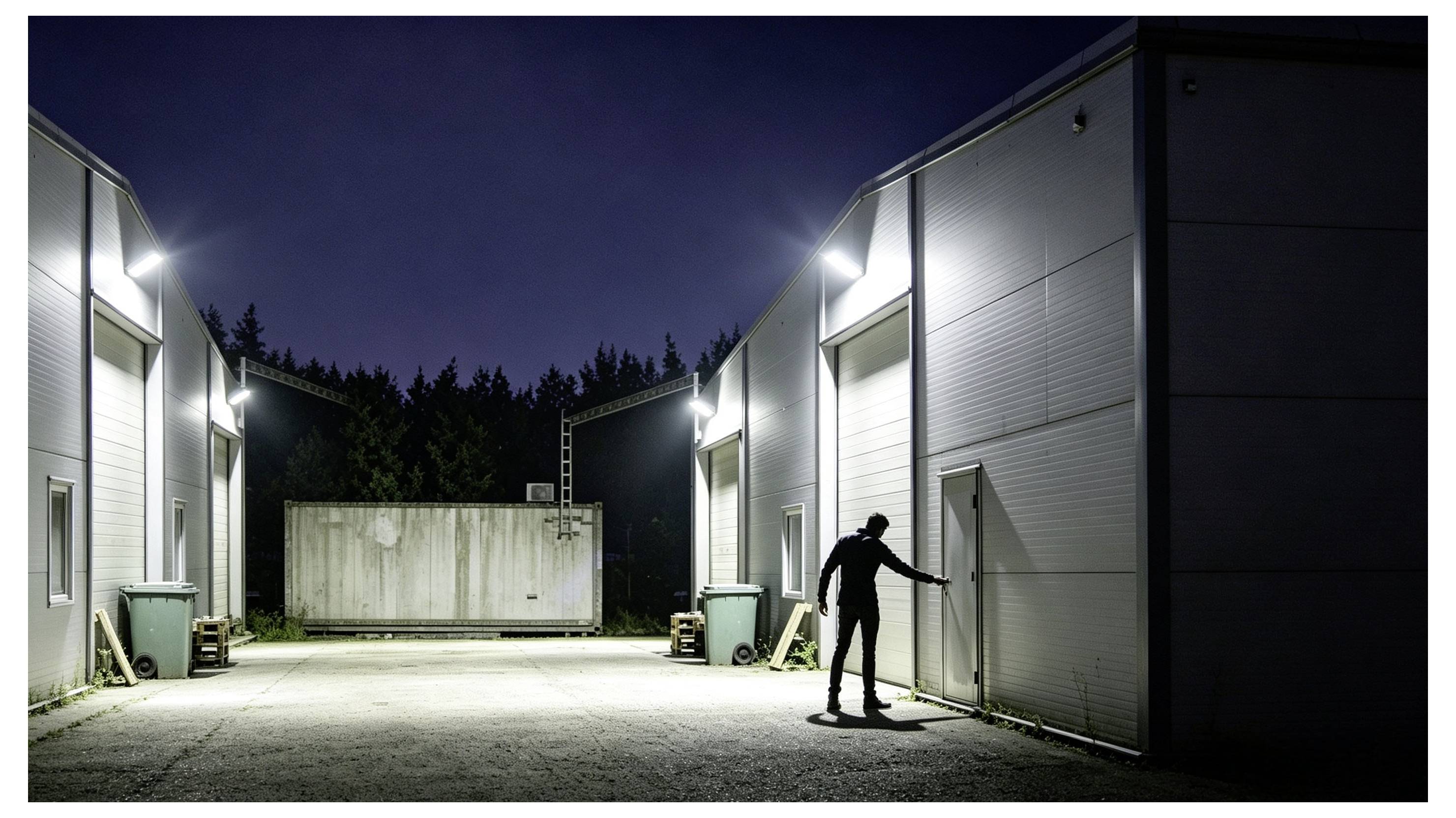Cour industrielle nocturne avec une personne en silhouette ouvrant une grande porte d'entrepôt entre deux bâtiments éclairés près d'un conteneur d'expédition fermé.