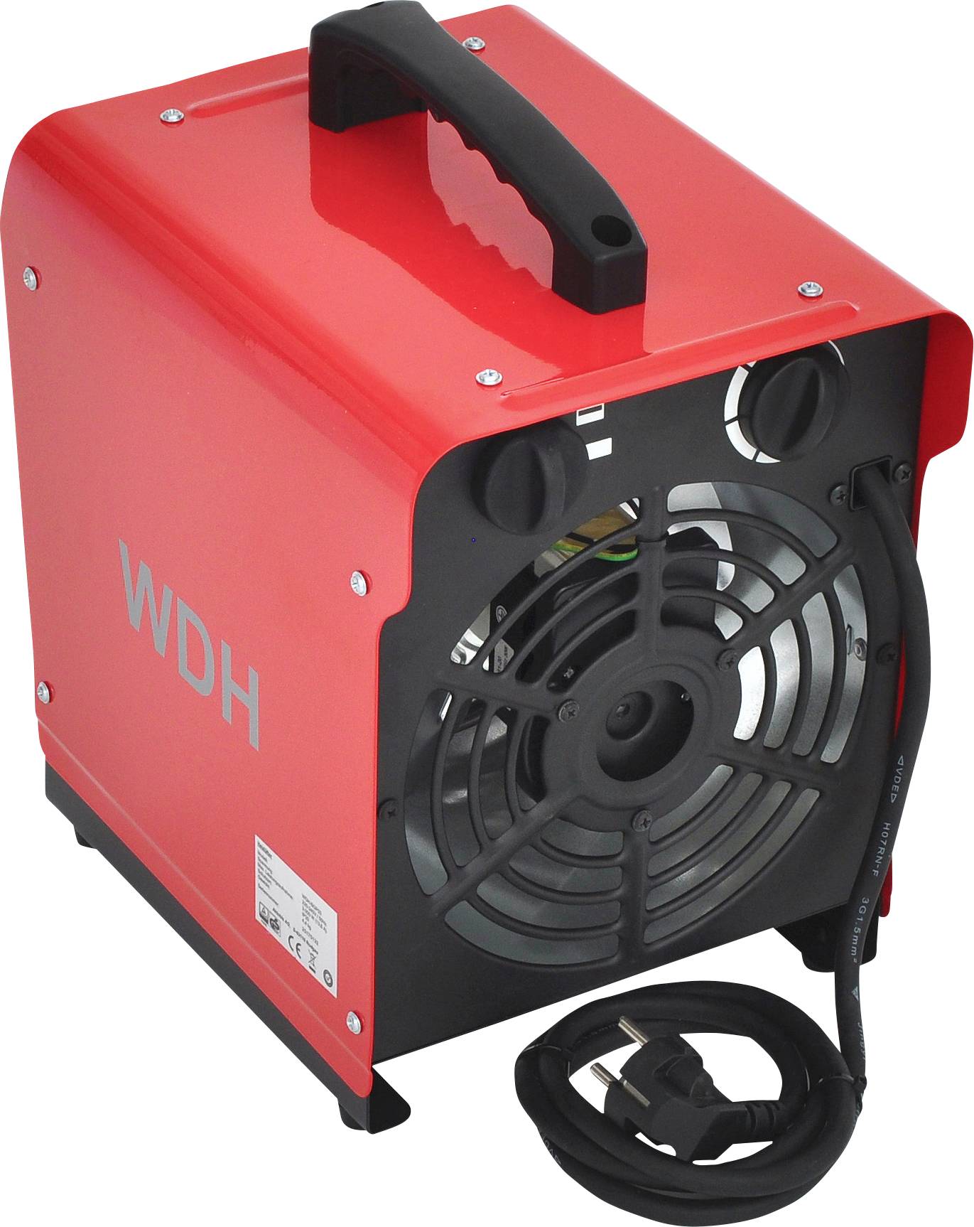 Chauffage électrique portable 'WDH' de couleur rouge, équipé d'une poignée, d'un grand ventilateur frontal et d'un cordon d'alimentation. Conçu pour les ateliers ou les garages.