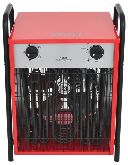 Chauffage électrique portable rouge avec deux boutons de réglage et une grille de sécurité, portant l'étiquette « 15 kW NE PAS COUVRIR » à l'avant, posé verticalement.