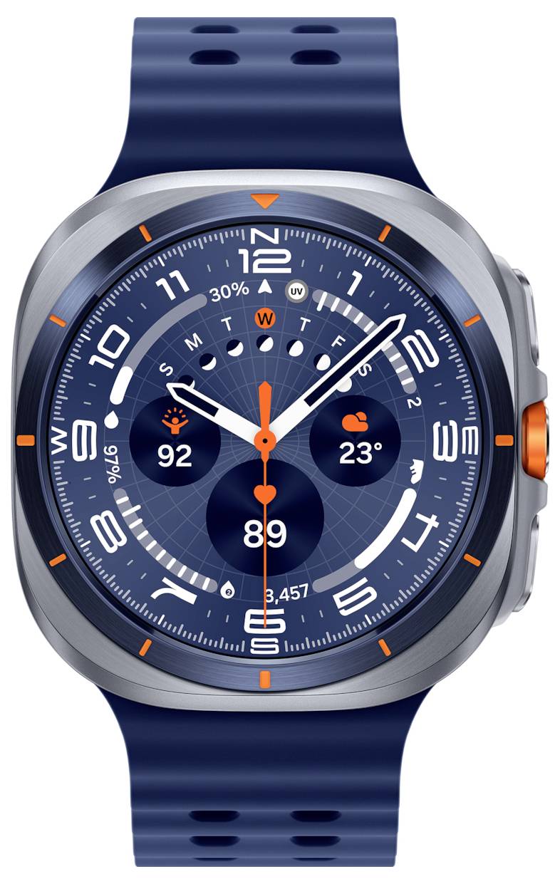 Une montre intelligente bleue affichant l'heure, un rythme cardiaque à 92 bpm, une température de 23°C, un nombre de pas de 3 457, et un calendrier montrant les jours de la semaine.