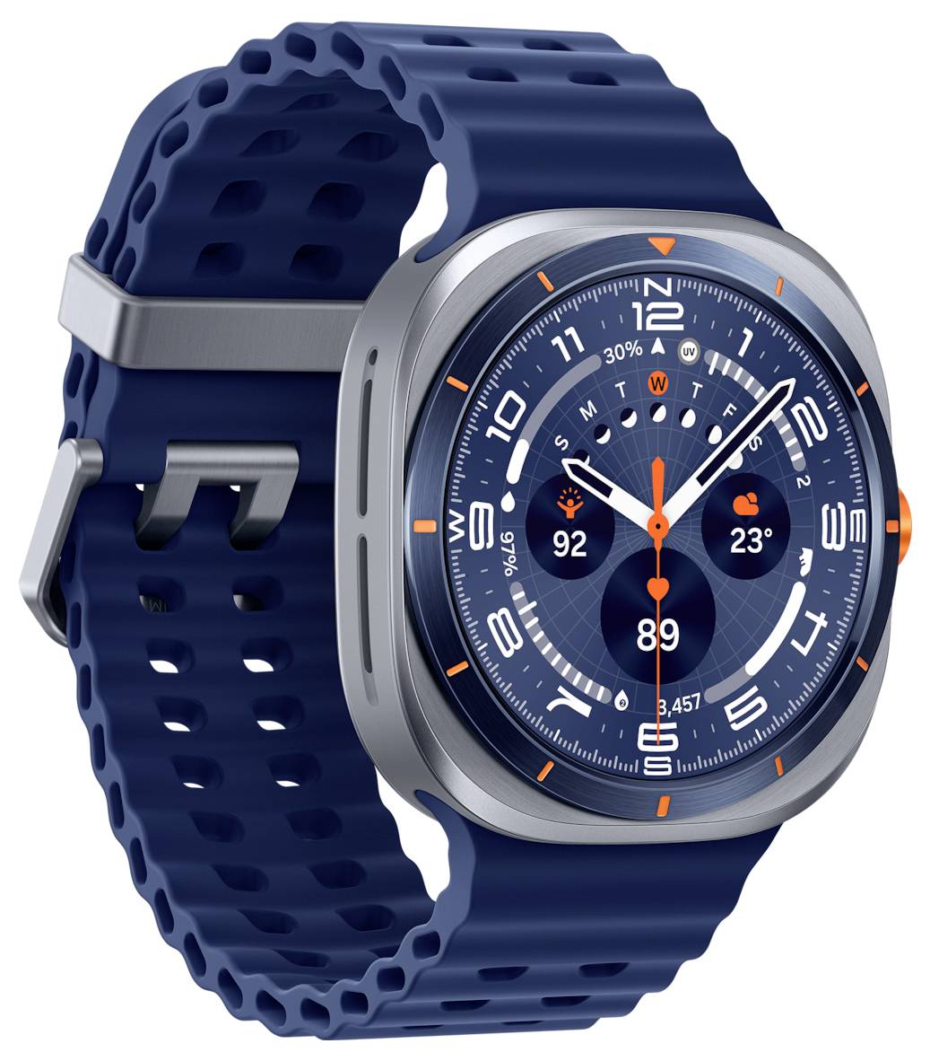Montre connectée avec un bracelet bleu affichant un cadran numérique rond, montrant l'heure, la date, des icônes météorologiques et des mesures d'activité comme le rythme cardiaque.