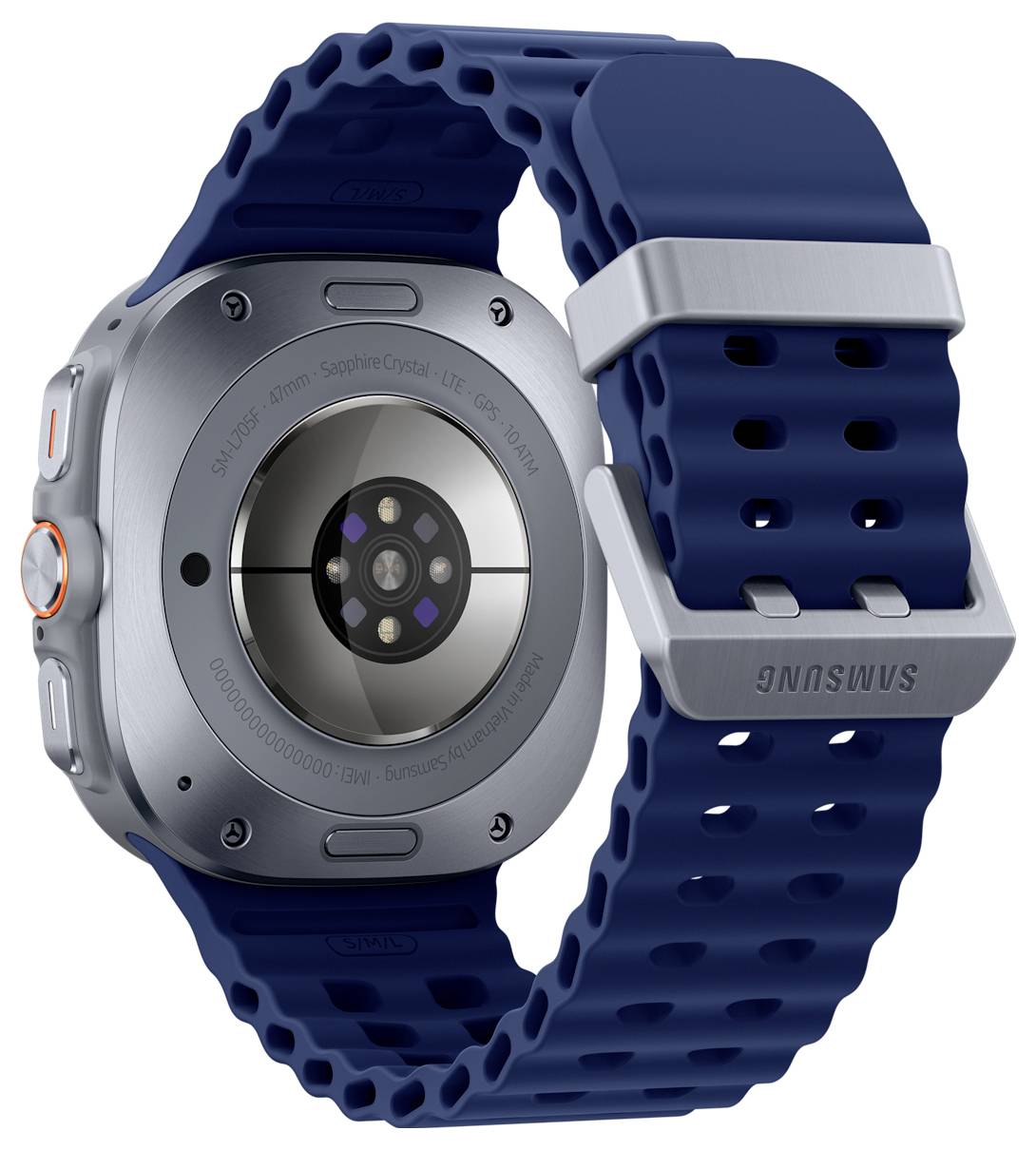 Une montre connectée dotée d'un dos en métal avec des capteurs et d'un bracelet bleu perforé.