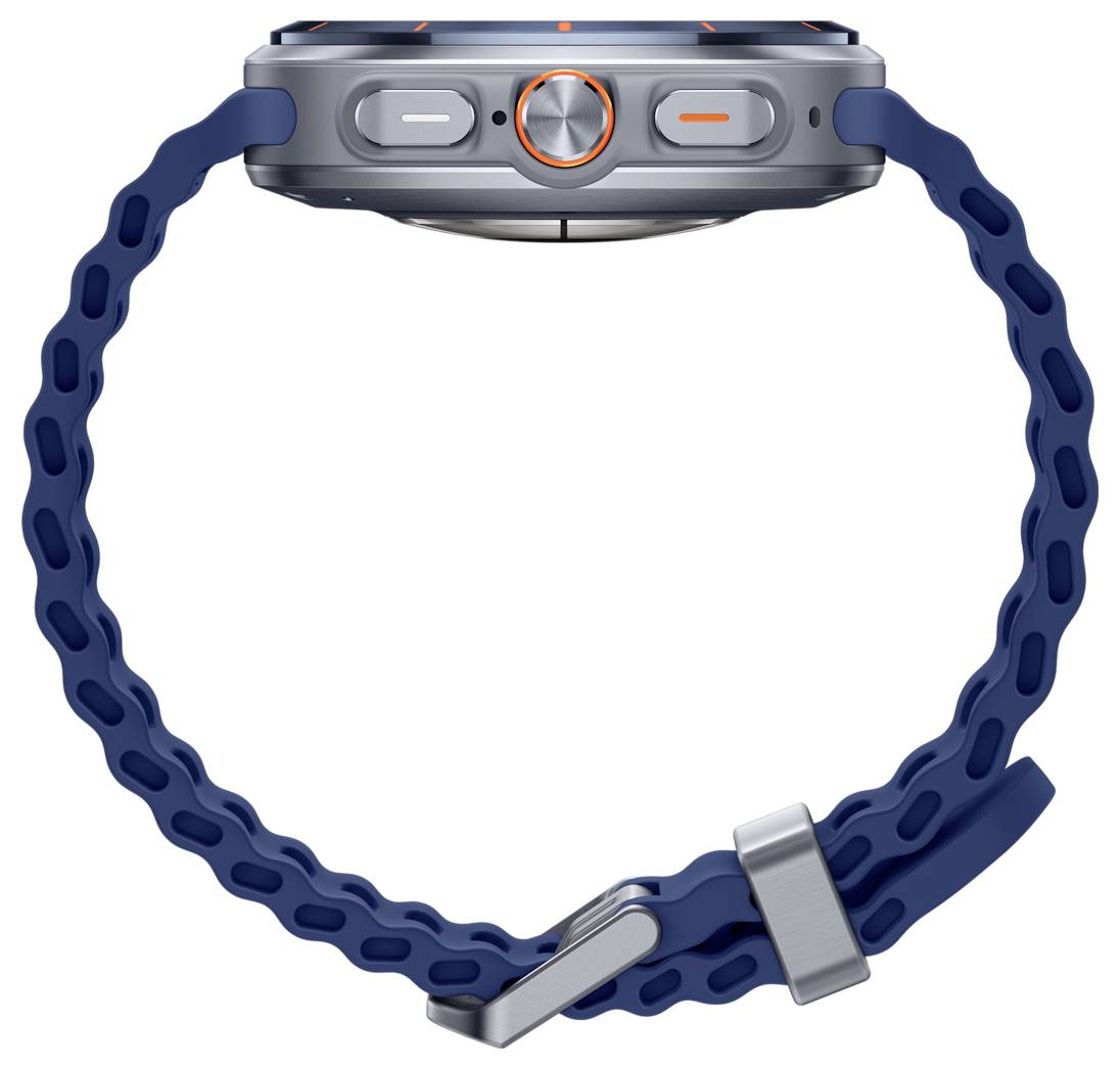 Une montre connectée avec un bracelet robuste bleu, présentant des boutons et des cadrans latéraux sur un châssis métallique conçu pour les activités de plein air.