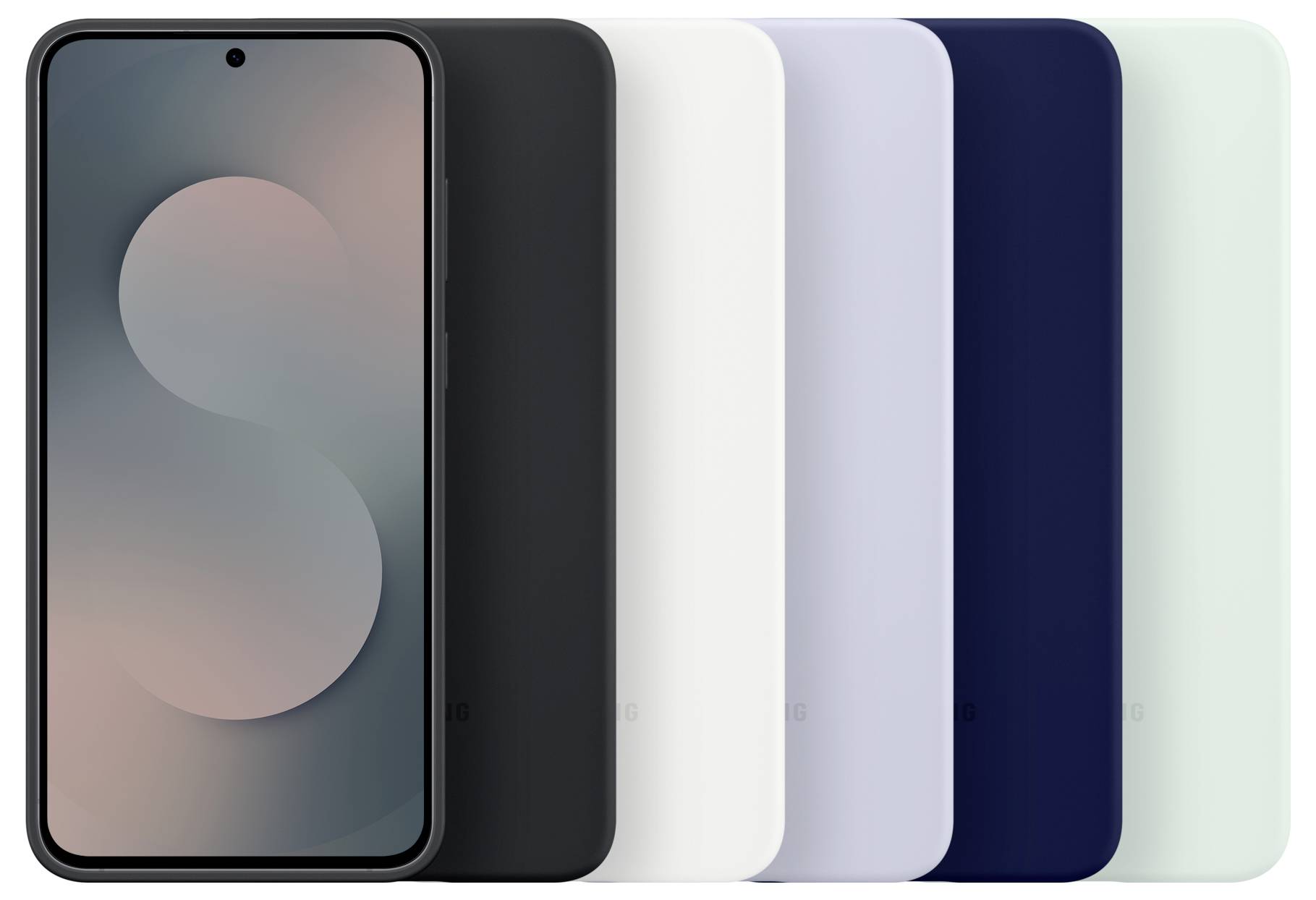 Smartphone présenté dans cinq couleurs différentes : noir, blanc, bleu clair, bleu foncé et vert menthe.
