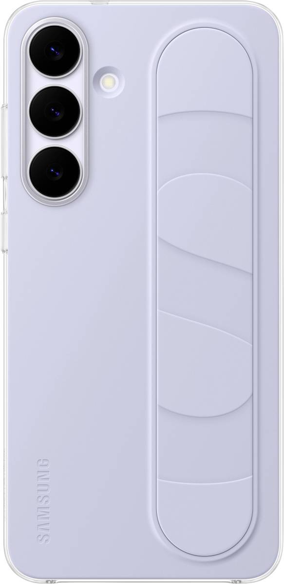 Un smartphone doté d'un couvercle arrière blanc avec un design de poignée verticale surélevée. Trois caméras arrière et un flash sont alignés verticalement sur la gauche.