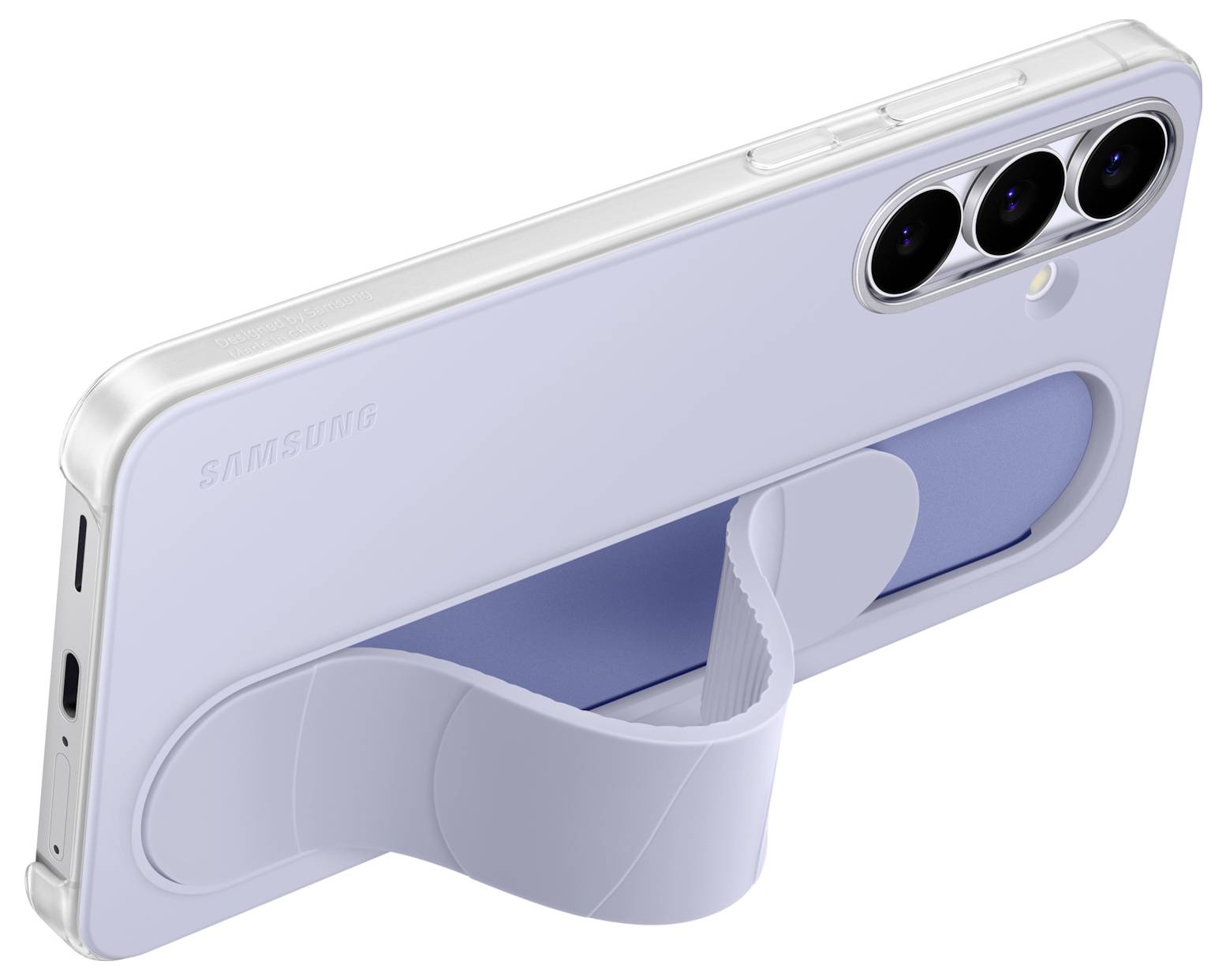 Un smartphone blanc avec un support bleu fixé à son dos, montrant trois caméras arrière et un port de charge USB-C.