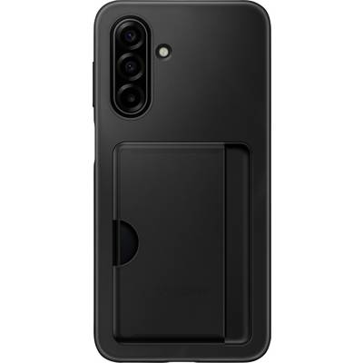Un smartphone noir avec trois caméras arrière et un étui de protection doté d'un support coulissant pour cartes à l'arrière.