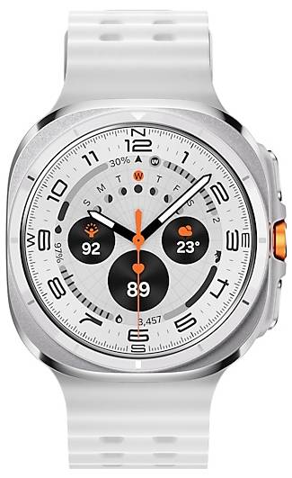 Montre connectée argentée avec un cadran rond, affichant l'heure, la date, le rythme cardiaque (92), la météo (23°C) et le nombre de pas (3 457) sur un bracelet blanc.