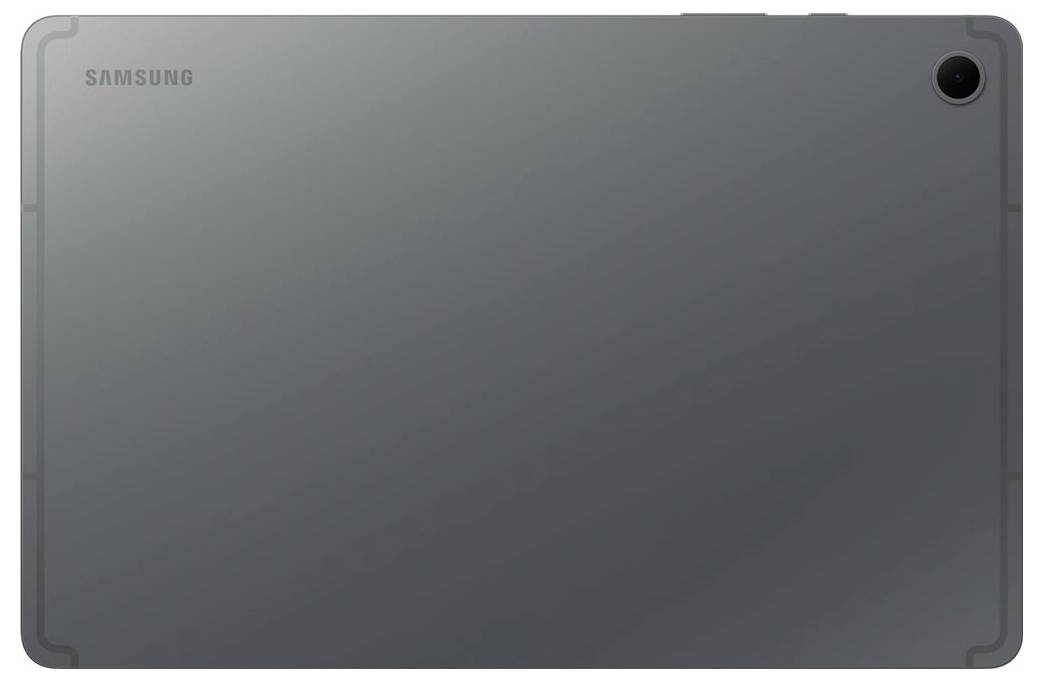 Une tablette Samsung grise avec un appareil photo dans le coin supérieur droit, vue de dos.