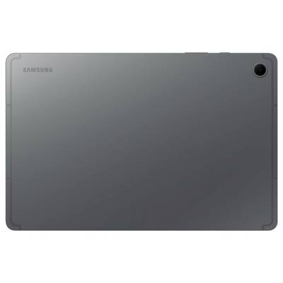 Une tablette Samsung grise avec un appareil photo dans le coin supérieur droit, vue de dos.