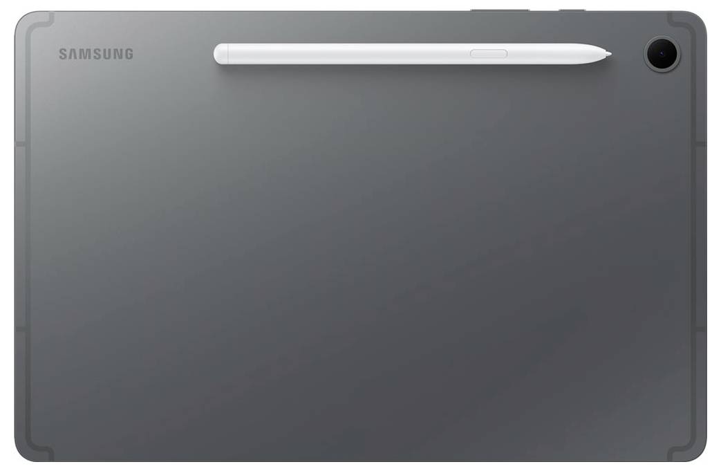 Vue arrière d'une tablette Samsung montrant la caméra et le stylet fixé en haut.